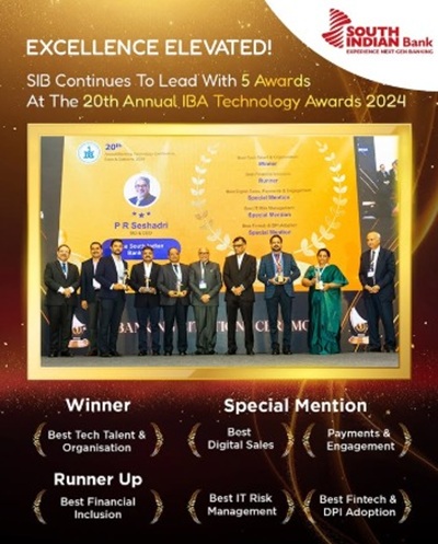 South Indian Bank wins 5 awards at the 20th Annual IBA Technology Awards 2024